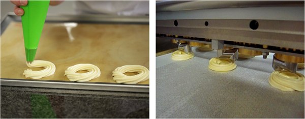 Porovnání ručního a strojního ‚‚stříkání‘‘ těsta před pečením. Porovnání ručního a strojního ‚‚stříkání‘‘ těsta před pečením.